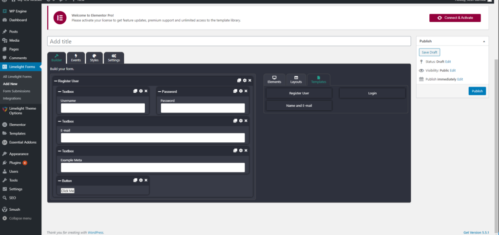 A screenshot of the first tab in the limelight forms builder