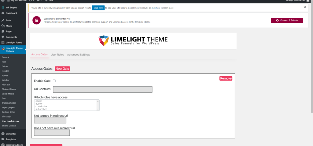 a screenshot of the limelight theme settings for restricting page access